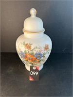 Vtg Frosted Glass Ginger Jar With Flowers 8"Dia xH