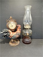 Rooster Clock, Oil Lamp And Wall Sign