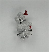 VINTAGE SILVE TONE AND ENAMEL POODLE BROOCH