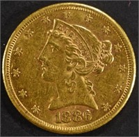 1886-S $5 GOLD LIBERTY AU/BU
