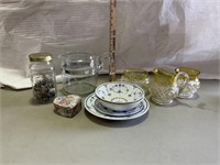 Safety pins, jewelry heart, plates and bowls,