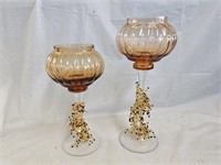 2 Amber Ribbed Empoli Style Candle Holders