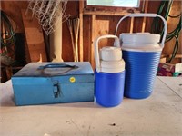 Metal Box and 2 Water Jugs