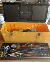 Yellow plastic tool box with contents