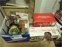 (2) Boxes w/ Green Dish, Cards, Trivet, Office