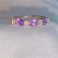 3 Stone Purple Ring in Sterling Silver, Sz 7.