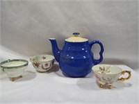 Blue Porcelain Tea Pot & (3) China Cups