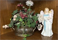 Porcelain angel, fake floral brass pot