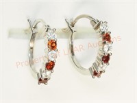 Sterling Silver Natural Garnet Hoop Style Earrings