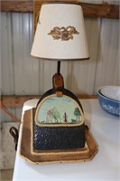 Folk Art Grubbing Hoe Lamp with Hand Painted Barn