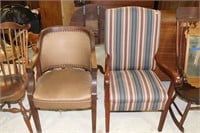 Wooden Arm Chair with Striped Upholstery and a