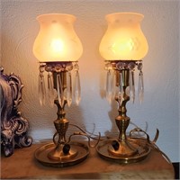 2 Vintage Brass Candlestick Lamps w Crystal Prisms