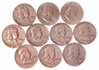 (10) 1954 Benjamin Franklin Silver Half Dollars