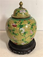Cloisonné Ginger Jar W/Wood Base, 10in T X 7in W