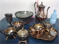 Vtg Silver plate tea set, cream/sugar, cups & bowl