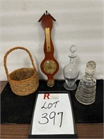 (2) Decanters, Oil Lamp Base, & Barometer