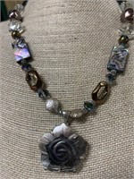 Carved Abalone Necklace w/ Pearls & Crystal