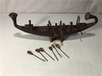 Neat Wooden Carved Canoe With Oars & Paddles