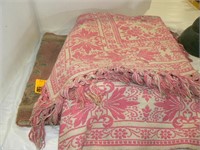 PINK AND WHITE WOVEN BED SPREAD, SMALL RUG