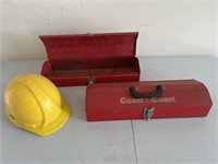 Pair of empty Coast to Coast tool boxes & hard hat