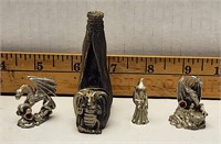 Lot of 4 Pewter Dragons and Wizard