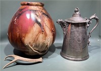 HORSEHAIR POTTERY VASE & S.P. WATER PITCHER