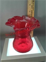 Crackled glass red Art Deco vase ruffled Rim -