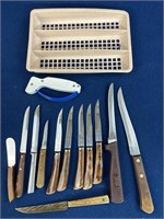 Assorted Kitchen Knives, Sharpener and tray