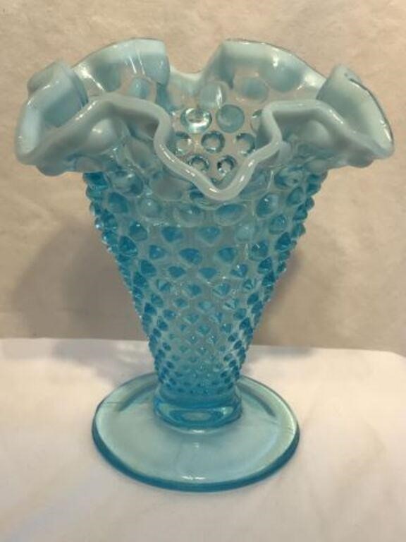 Fenton "Hobnail" Blue Trumpet Art Glass Vase