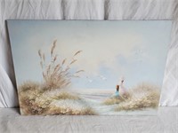 Oil on Canvas Beach Painting Signed 24 x 36"
