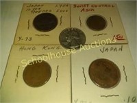 1964 quarter and 4 foreign coins