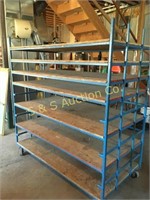 Blue metal shelving rack on wheels