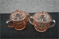 2 Jeannette Glass Windsor Pink Sugar Bowls