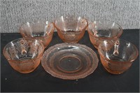 Federal Glass "Pink Normandie" 5 Cups & 1 Plate