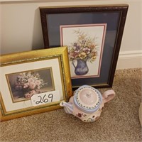 2 FLORAL PRINTS, PINK TEA POT