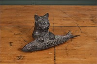 Whimsical Figural Bronze Cat and Fish Card Tray