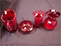 Four pieces of red glass: finger bowl, pitcher
