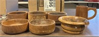 Misc lot of wooden bowls, mug, and tray