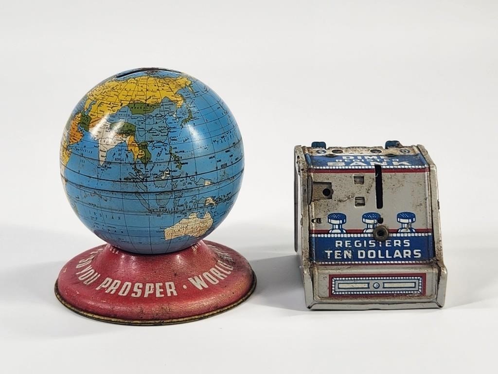 TIN LITHO GLOBE & REGISTER DIME BANKS