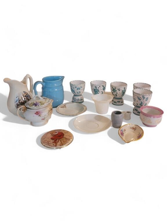 Italian pottery egg cups, pitchers, milkglass and