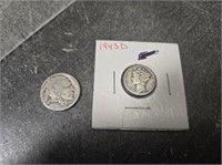 Vintage Coins Buffalo Nickel 1943 Mercury Dime