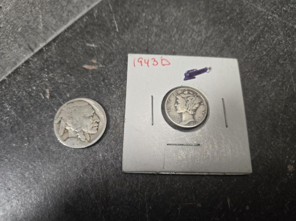 Vintage Coins Buffalo Nickel 1943 Mercury Dime