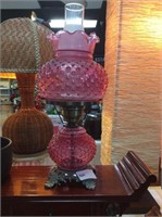 Pink hobnail glass hurricane lamp