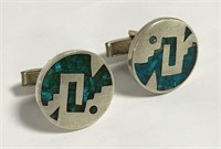 Pair Of Mexico Sterling & Turquoise Cuff Links
