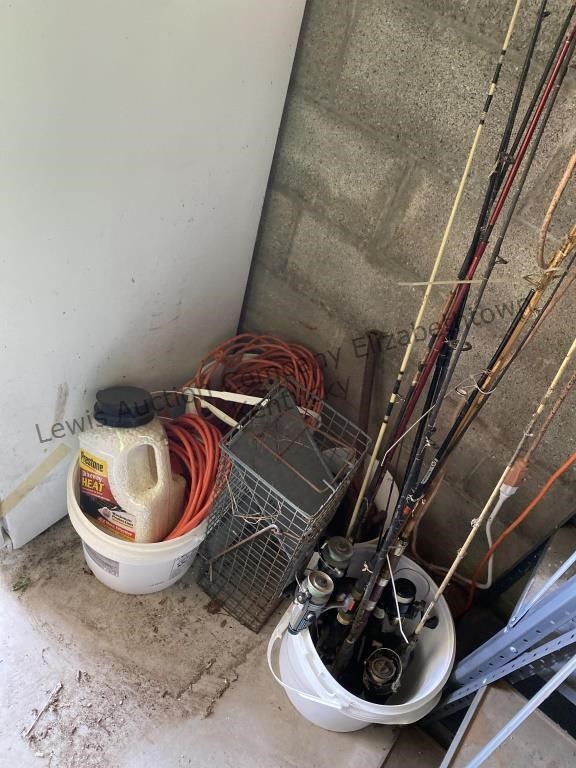 Extension cords, bucket of rod, and reels bucket