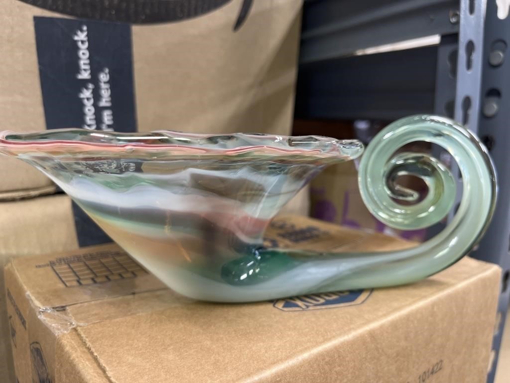 Art Glass Multi Colored Swirl Cornucopia Vase