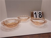 3 Pink Hocking Open Lace Edge Serving Bowls