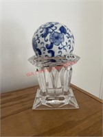 Blue and White Ceramic Ball on Glass Stand