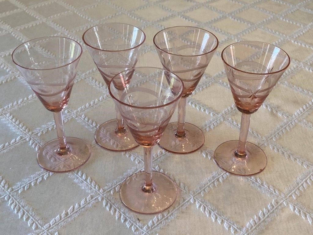 5 Pink Stemware Glasses