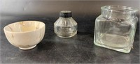 Lot with stone cup, two vintage glass jars